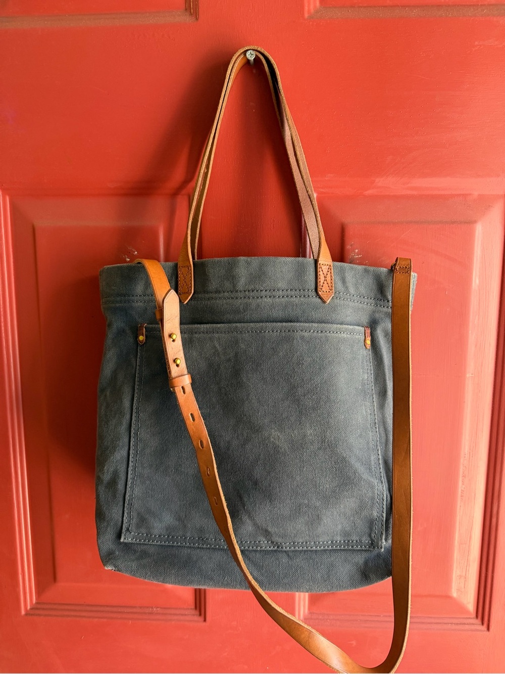 Madewell Slate Blue Canvas Messenger with Brown Leather Straps